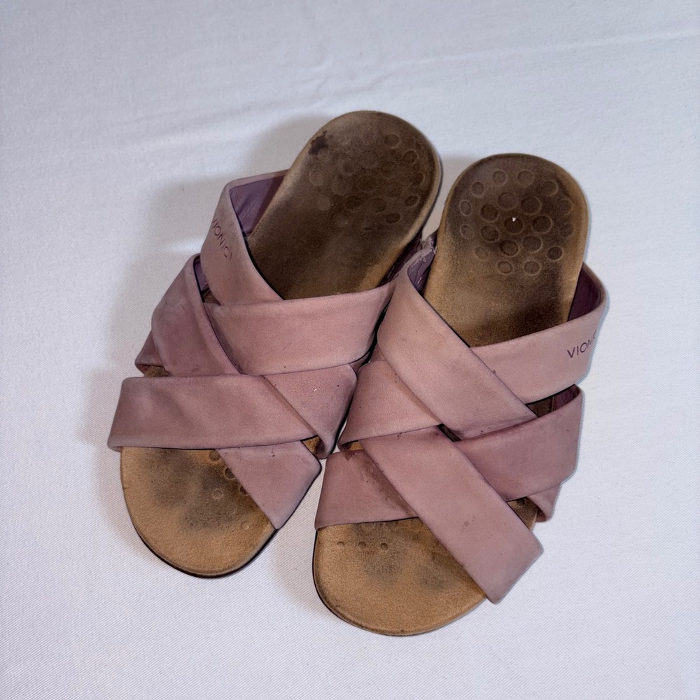 Vionic Juno Slide Sandals 7.5 Mauve Good Leather Orthotic Cross Strap